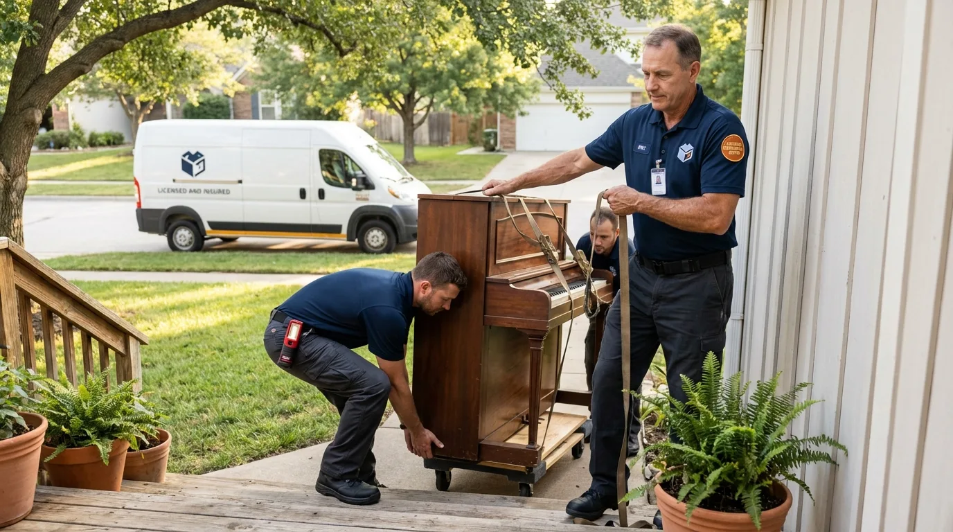 Licensed piano movers securing grand piano in Loma, CO