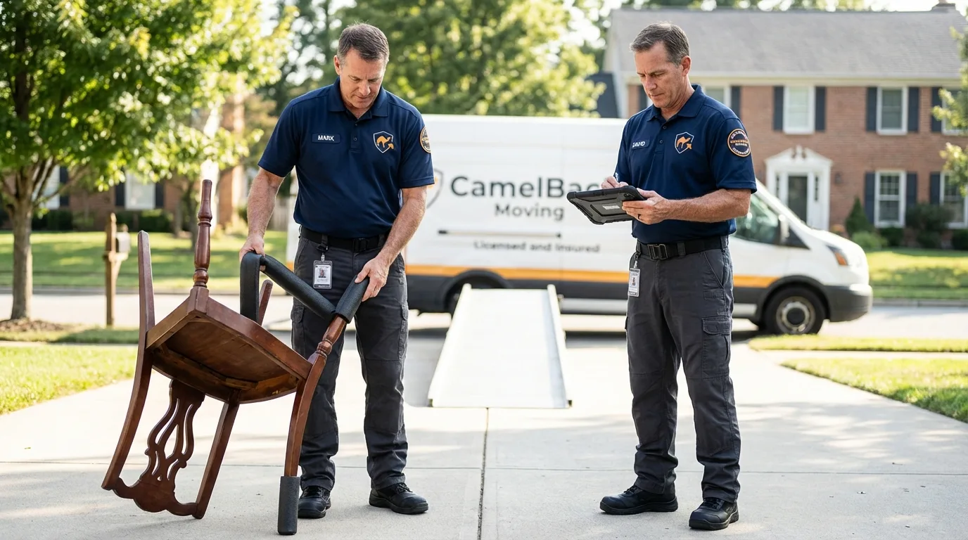 Movers inspecting furniture for damage prevention before loading in Loma, CO