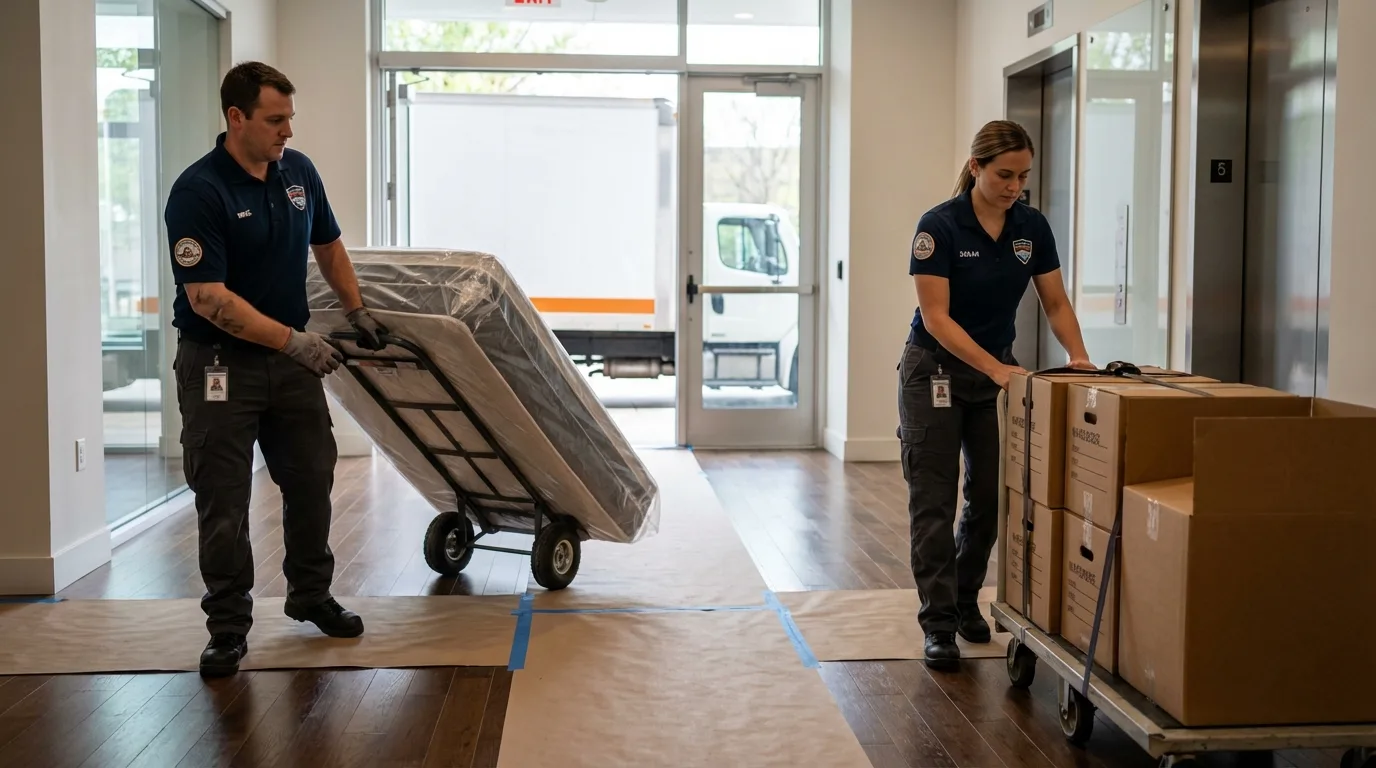 Professional apartment movers loading elevator in Loma, CO