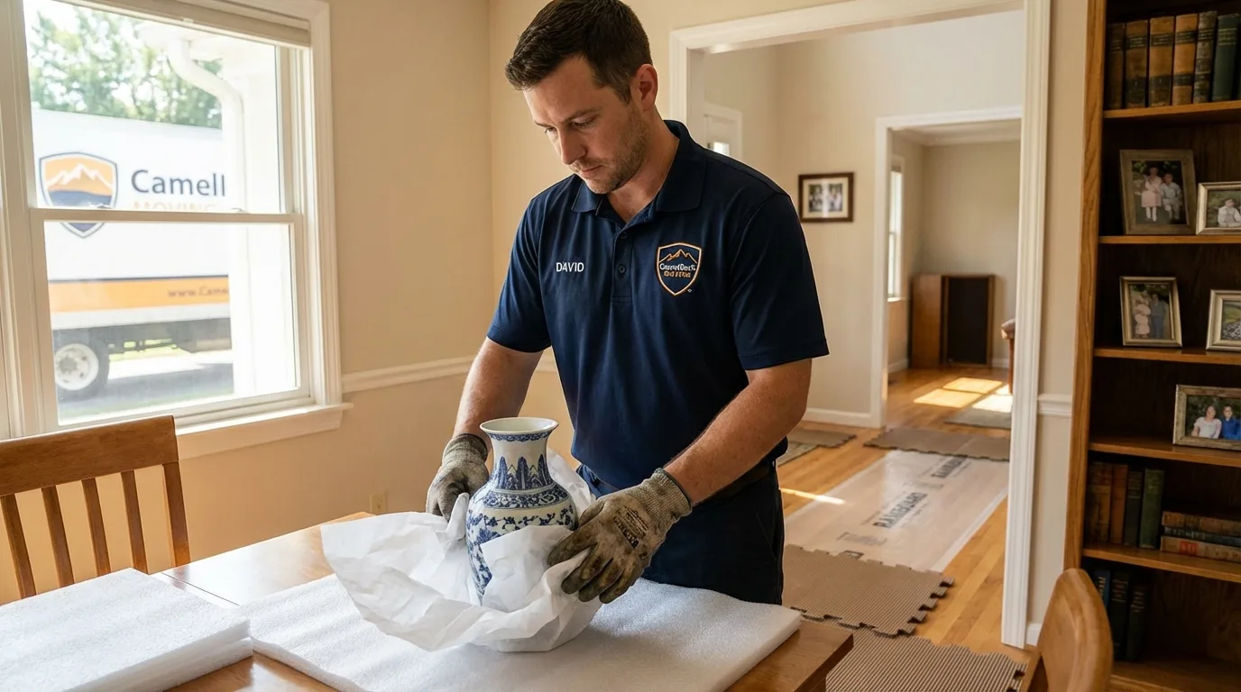 Professional crew carefully wrapping antique vase for senior downsizing move in Loma, CO