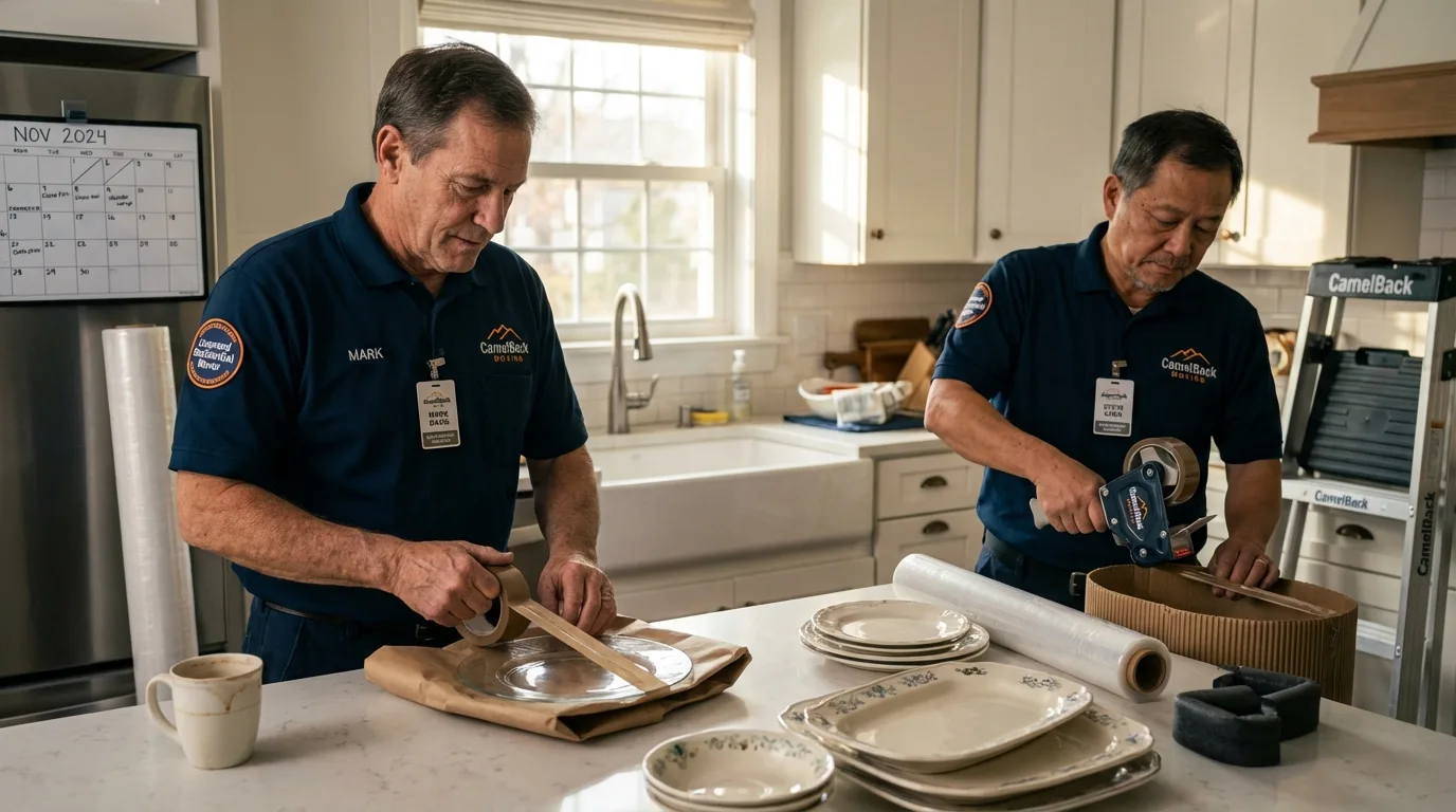 Professional crew packing kitchen dishware in Loma, CO